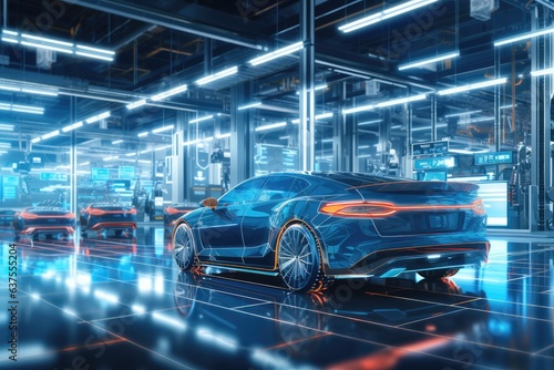 Automated robotics futuristic electric cars factory