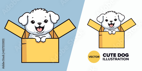 Playful cartoon illustration of cute dog in box icon vector. Flat cartoon style perfect for poster, card, decoration, print