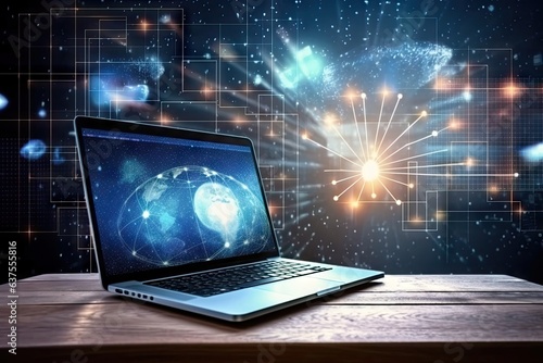 Modern laptop caught in the swirling vortex of data nanotechnology and artificial intelligence