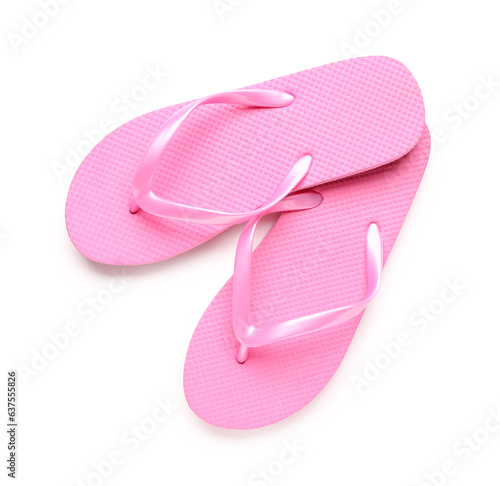Pink female flip flops on white background