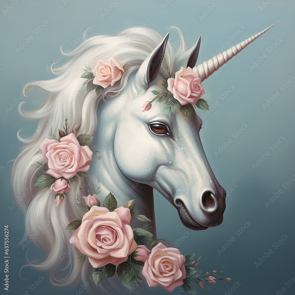 Horse with blue hair and flowers in her hair. Digital painting. Unicorn with long mane and pink roses. Digital painting.