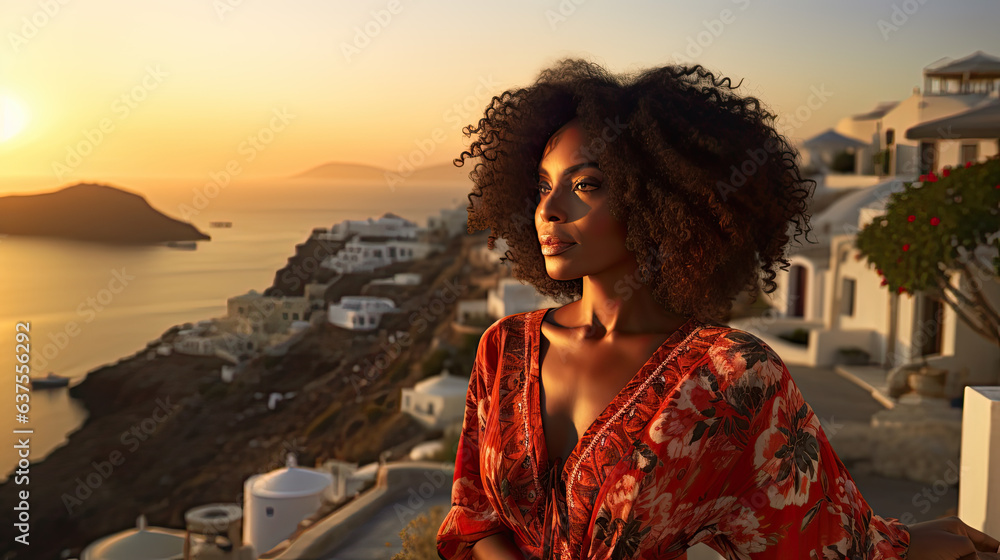 Travel Europe summer holiday afro american girl enjoying Oia, Santorini Greece cruise vacation.