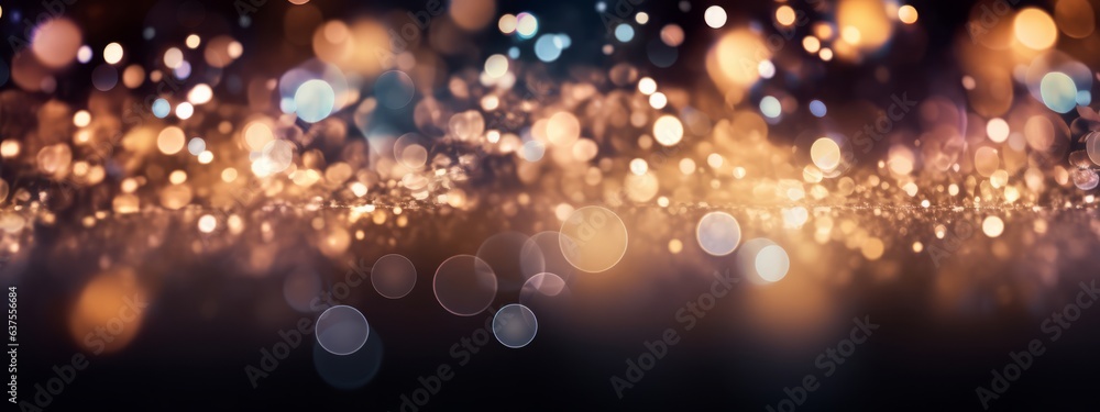 Abstract gold black and blue glowing glitter with bokeh blur effect background