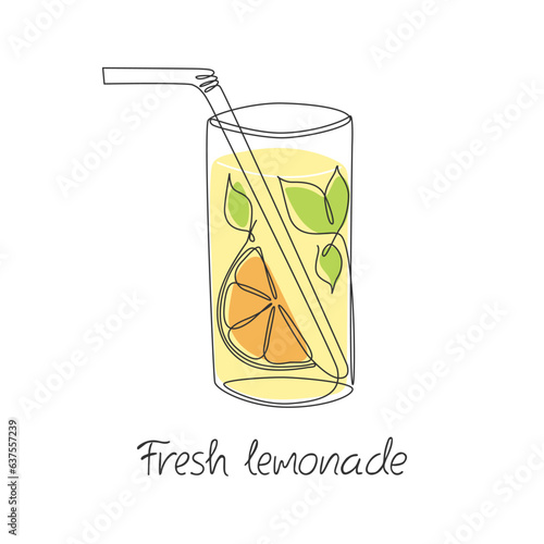 Glass of fresh lemonade. Continuous line drawing. Handwritten lettering. Summer refreshing drink