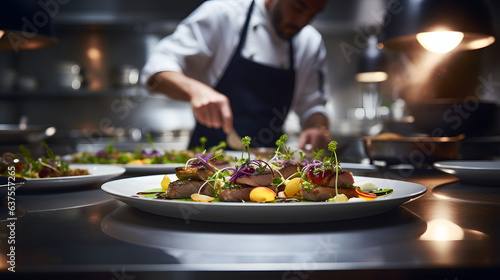 Fototapeta Naklejka Na Ścianę i Meble -  gourmet dish being prepared in a high-end restaurant kitchen
