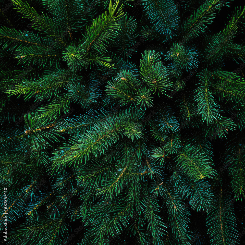 Christmas tree flat lay background, coniferous tree branches. Fir and pine branches with copy space.