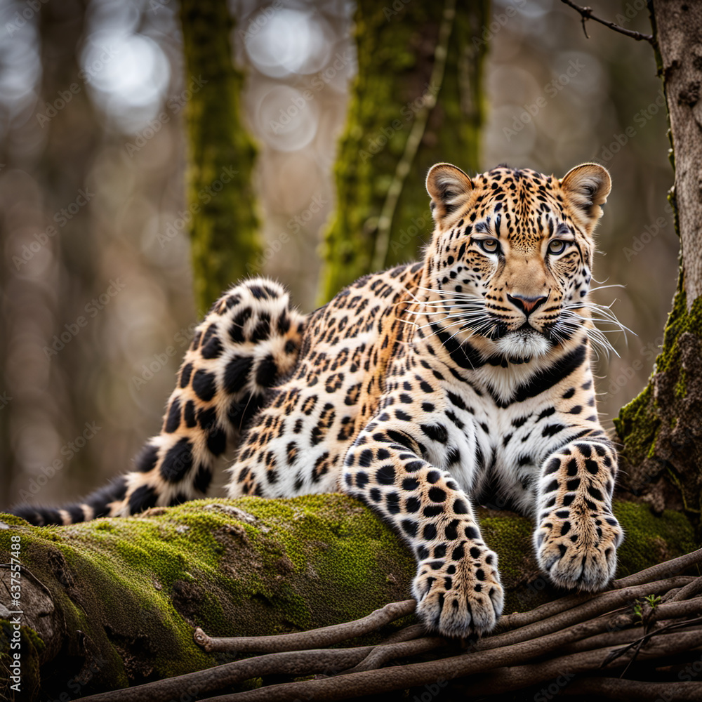 Fototapeta premium Regal Rest: Amur Leopard Lounges Lazily in Tree, Awaiting the Next Hunt