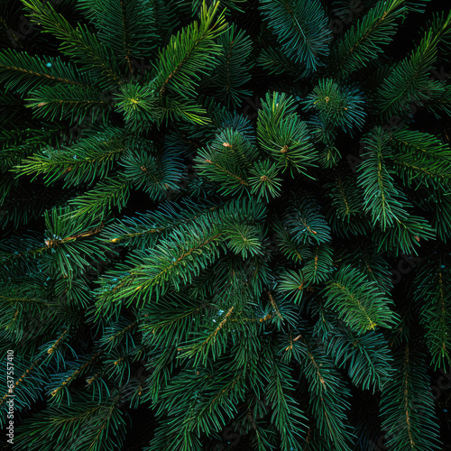 Christmas tree flat lay background  coniferous tree branches. Fir and pine branches with copy space.