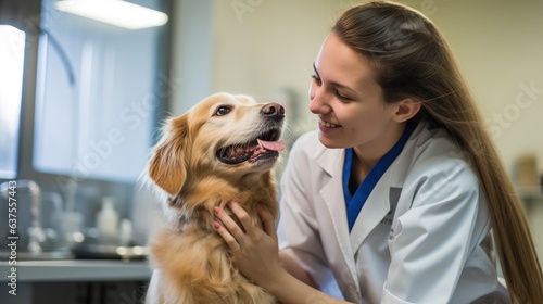 Young female veterinarian taking care of her dog patient. Generative AI