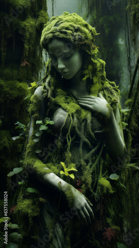 Guardian of Nature. Statue of a woman covered in green moss, plants and roots in the wood - Nymph, dryad, fairy, mystical myth and legend, spirit of the forest. photo