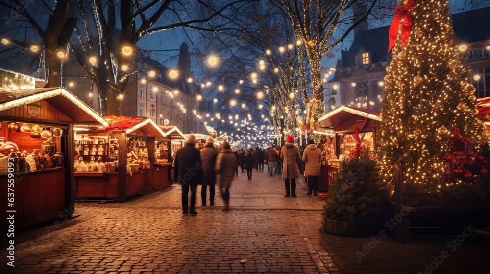 Christmas market at night street and holiday lights. Christmas shopping. Design ai