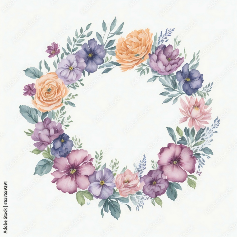 A watercolor wreath with flowers and leaves on white background