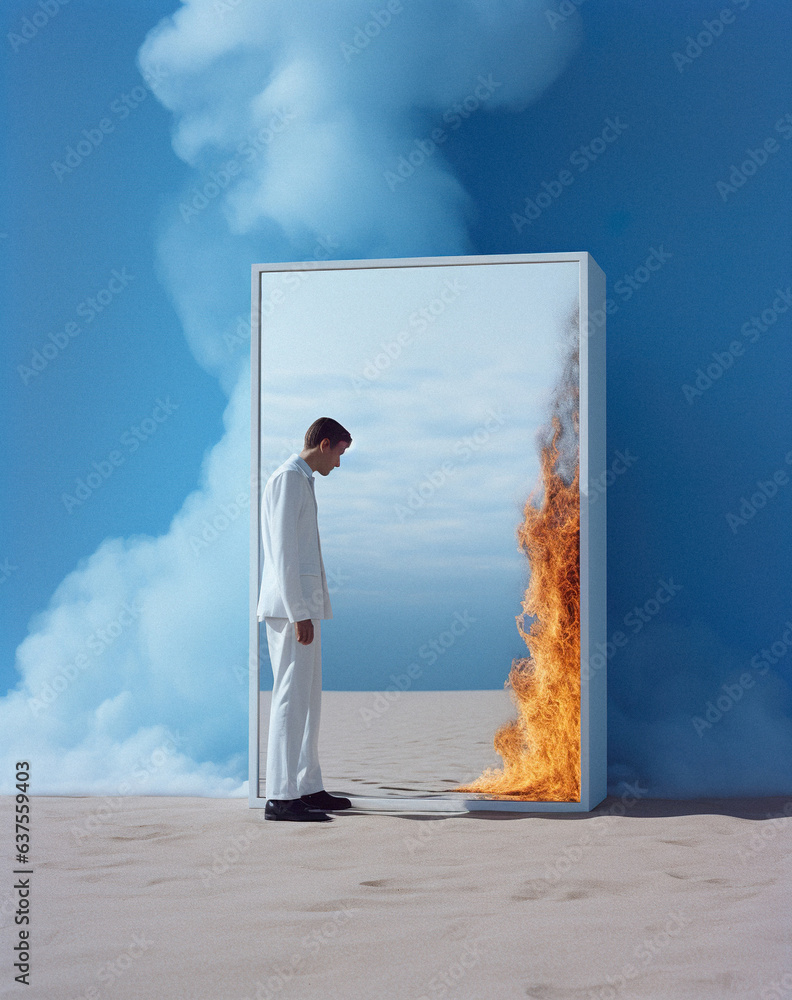 Abstract strange concept on a sky blue background in a thick white ...