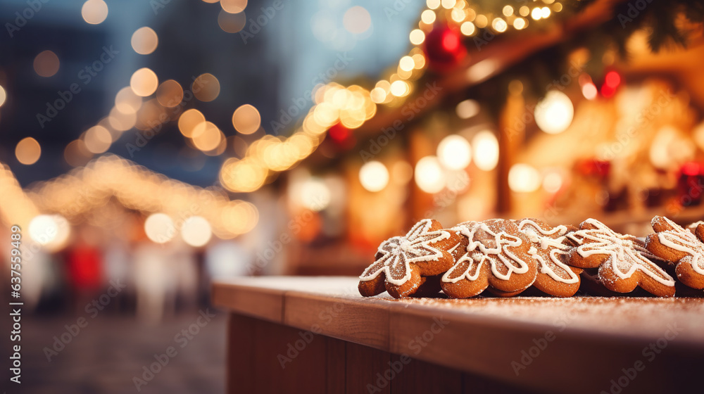 Christmas background. Gingerbread cookie lies on the background of the fire of the Christmas market. Ai design