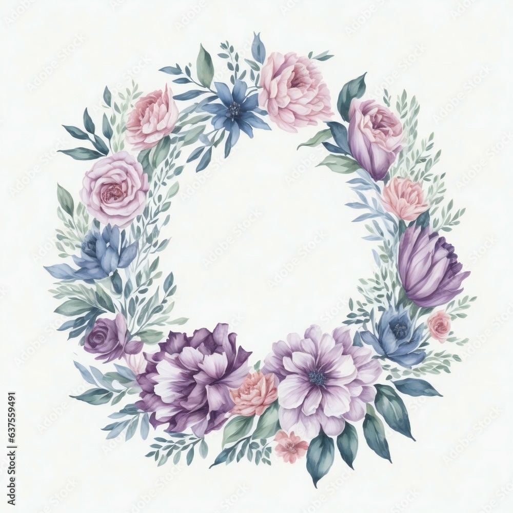 A watercolor wreath with flowers and leaves on white background