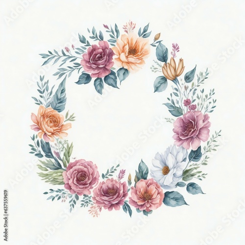 A watercolor wreath with flowers and leaves on white background