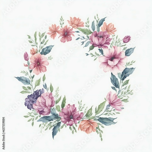 A watercolor wreath with flowers and leaves on white background