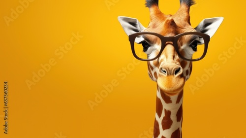 Giraffe wearing glasses on a solid color background