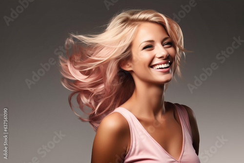 smiling blonde with light pink hair ends