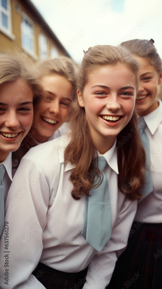 Young, modern teenage girls, a group of friends with backpacks full of books ready to go back to school. Autumn has arrived, classrooms are filled with students.