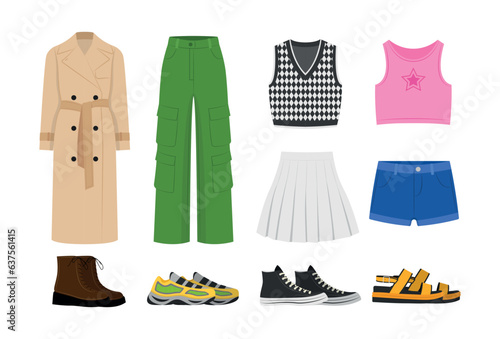 Set fashionable clothes in cartoon style. Vector illustration of different clothes for girls: trench coat, pants, boots, vest and skirt, top and shorts with sneakers isolated on a white background.