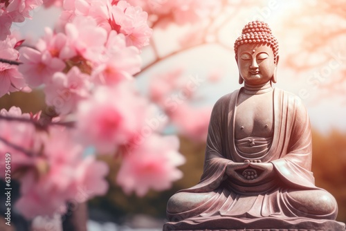 beautiful cherry blossoms around the buddha statue