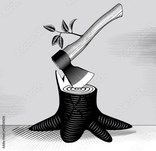 An axe with a growing branch from the handle embedded in the stump of a sawn tree. Vintage engraving stylized drawing. Vector illustration