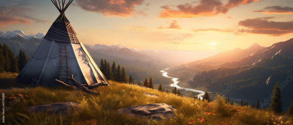 Naklejka premium Indiański namiot tipi rozłożony na pagórku z widokiem na dolinę i płynącą w niej rzekę o zachodzie słońca