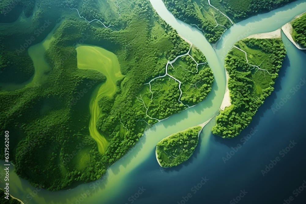 Obraz premium An aerial view of a river in the forest, generative AI