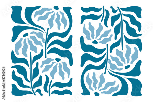 Matisse style blue Flower. Turquoise tones and mirrored reflection. Simple doodle flowing smooth leaves and branches. Daisy with petals and curvy leaf, including stem. Vector trendy flat illustration