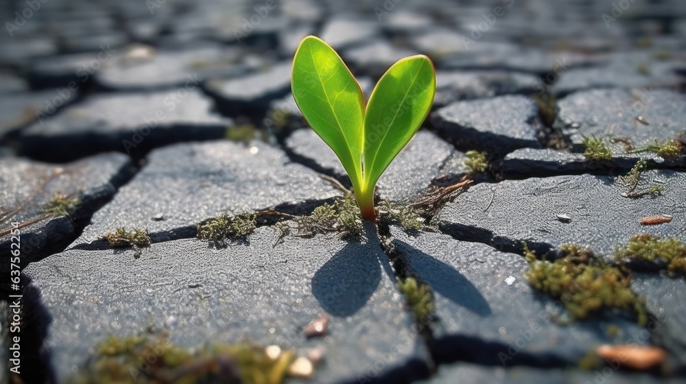 The sprout made its way through the cracked asphalt. life force concept.Generative AI The sprout made its way through the cracked asphalt. life force concept.Generative AI