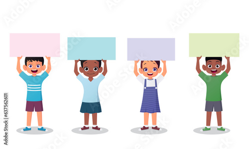 Cartoon Children Holding Up Blank Sign Paper or Poster above their Head. Empty Place Card For Text Illustration