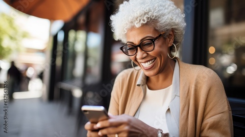 Cheerful senior woman using a mobile app on her smartphone. Generative AI