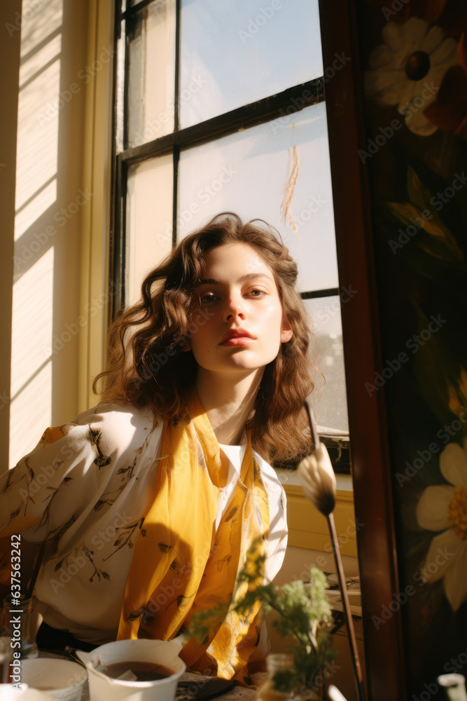 Fototapeta premium portrait of a woman/model/book character standing by a window in warm daylight with a thoughtful/sad expression in a fashion/beauty editorial magazine style film photography look - generative ai art