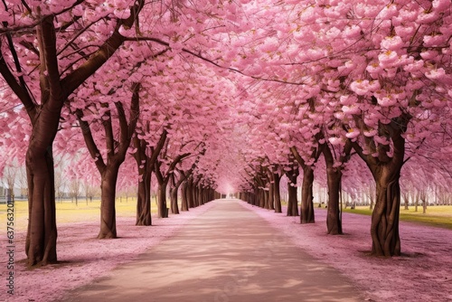 Photographie beautiful pink flowering cherry tree way