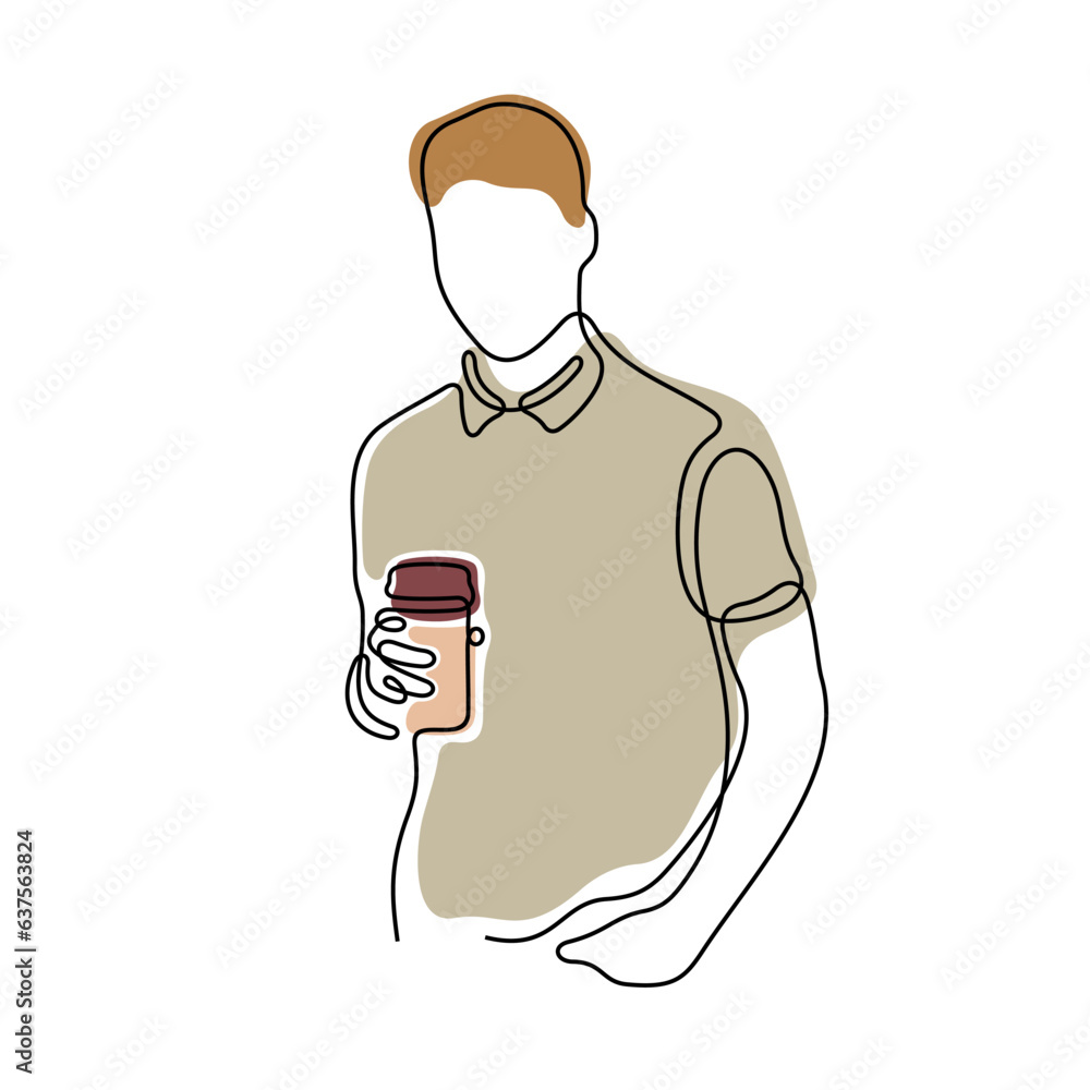 Man holding a cup of coffee continuous line colourful vector illustration