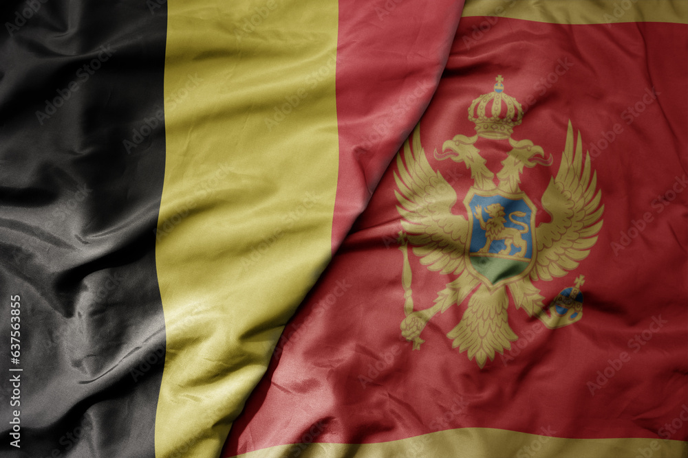 big waving national colorful flag of belgium and national flag of montenegro . big waving national colorful flag of belgium and national flag of montenegro .