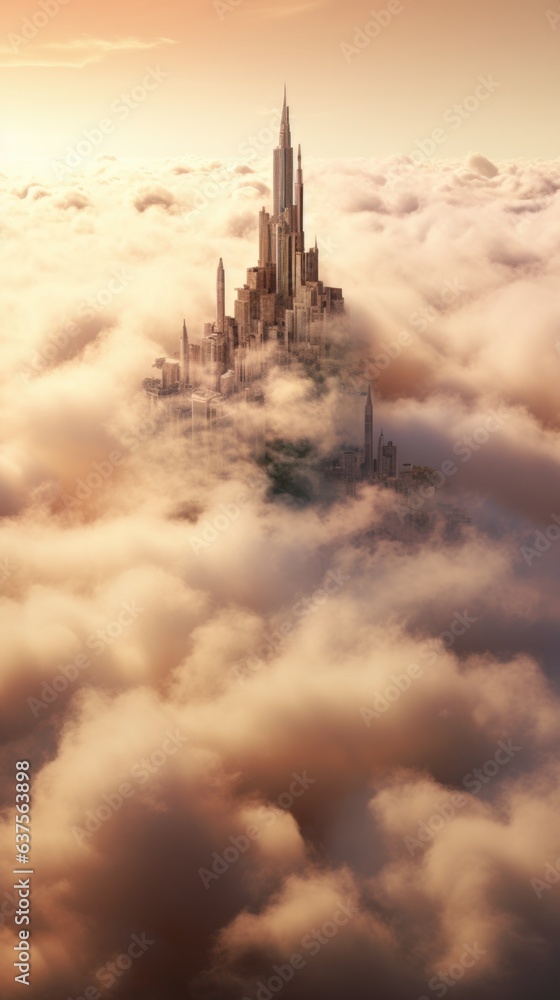 A city in the middle of a cloud filled sky A city in the middle of a cloud filled sky