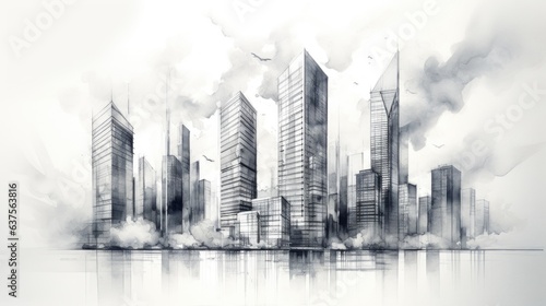 A black and white drawing of a city