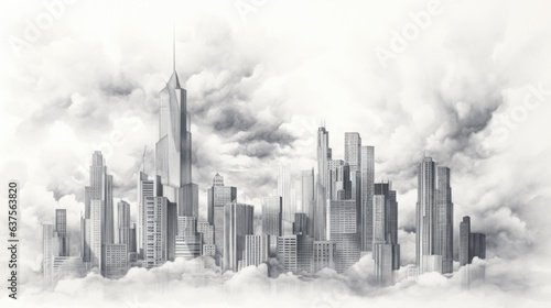 A black and white photo of a city in the clouds