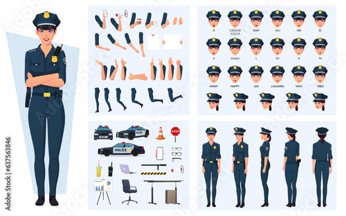 Police Woman Cartoon Character creation with Emotions, Lip-sync, Gestures, Police Equipment for Animation and Rigging