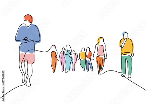 People walking on street continuous line colourful vector illustration