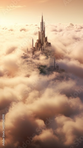 A city in the middle of a cloud filled sky