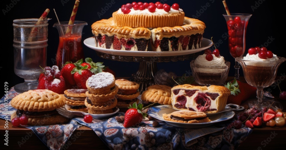 A table topped with cakes and desserts