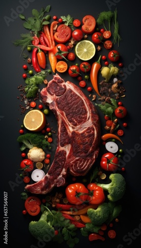 A piece of meat surrounded by vegetables and fruits © Maria Starus