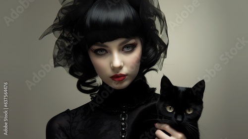 A woman in a black dress holding a black cat