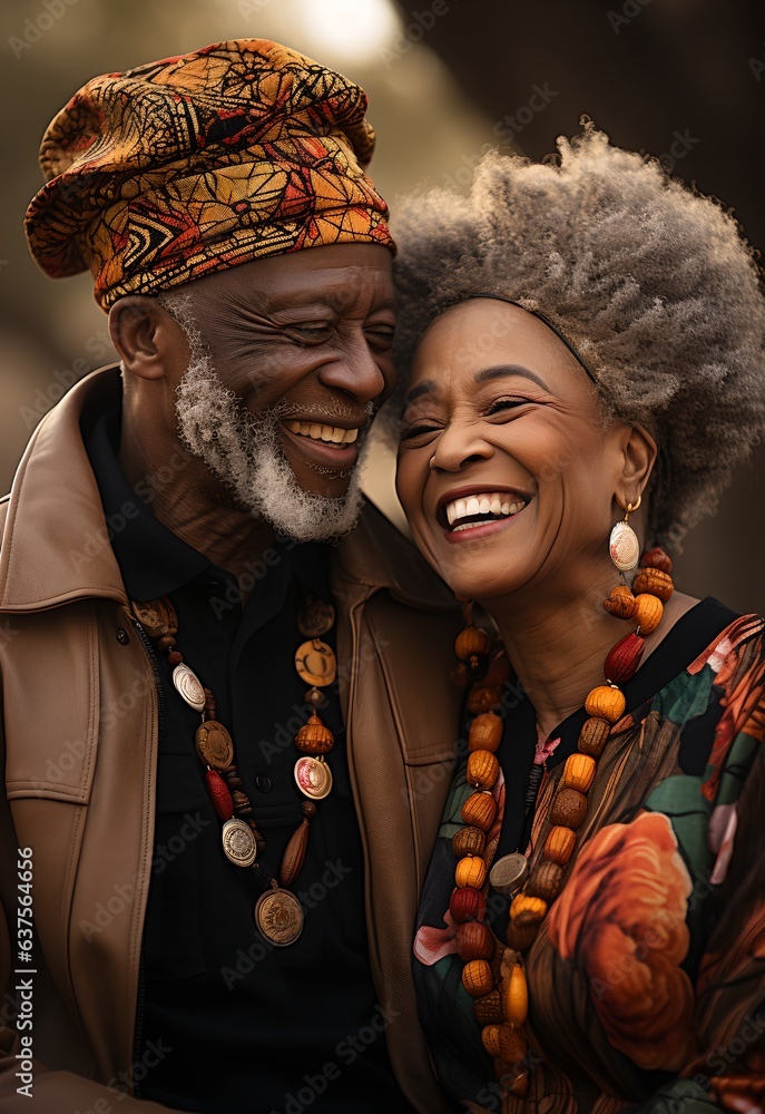 Happy black elderly couple, generative ai