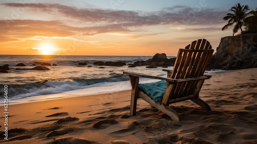 Chairs on the beach during sunset, generative ai © progressman