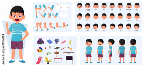 Boy Character Constructor with Gestures and Emotions. Child Side, Front, Rear View, with Body Parts for Animation and Lip-Sync Vector Illustration.