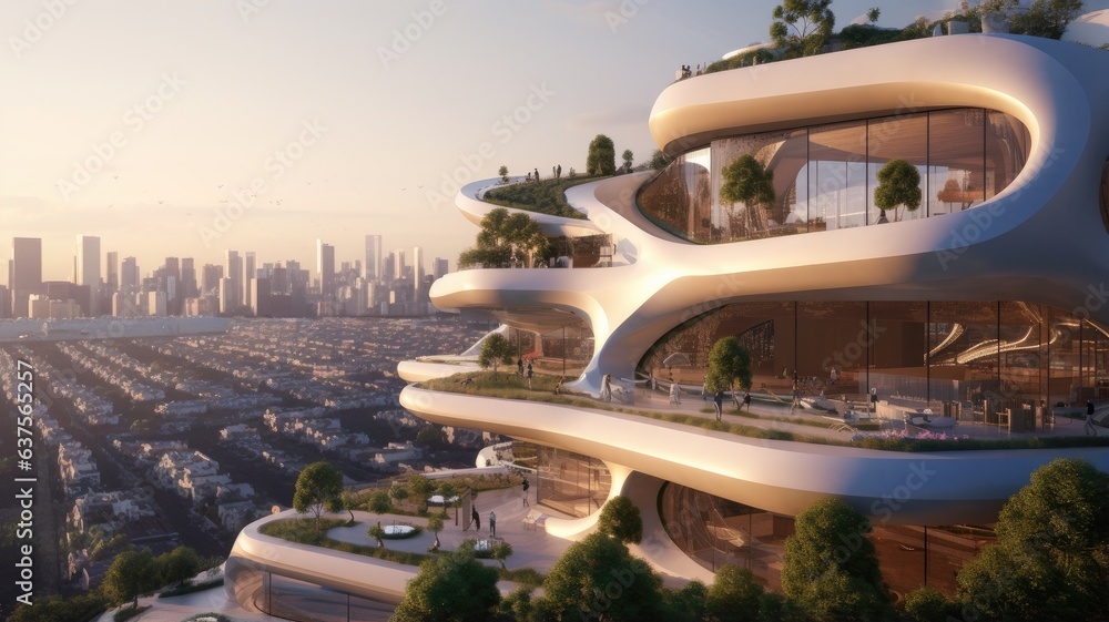 Fototapeta premium A modern architectural marvel against a city skyline, highlighting the innovative and transformative nature of architectural design